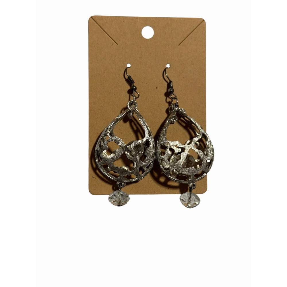 Silver Filigree Teardrop Dangle Earrings with Clear Crystal Bead Drop Boho